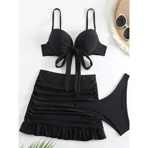 Women's 3-Piece Tie Front Push Up Bikini Set with Ruched Skirt for Beach & Pool