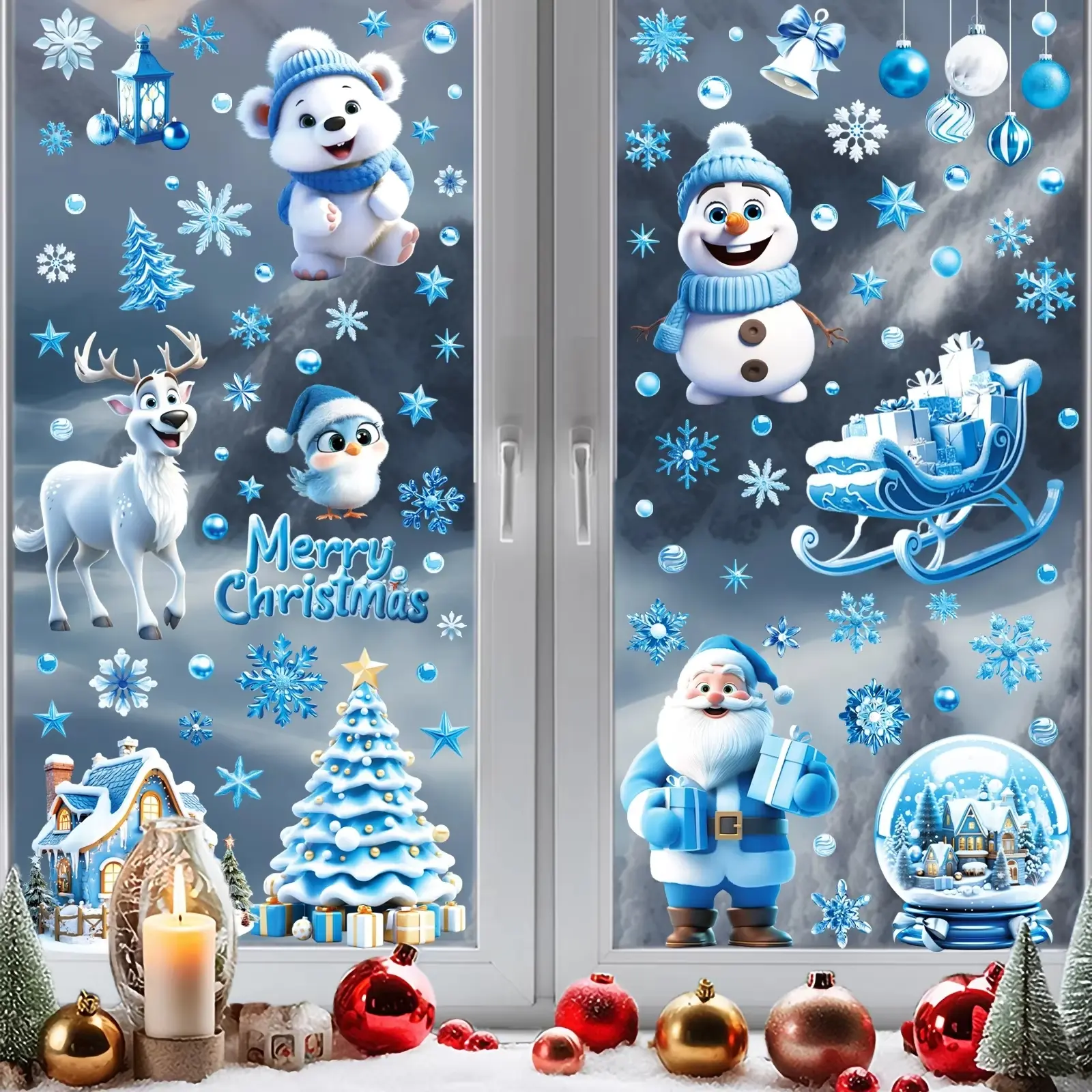9 Christmas wall stickers, cute Santa Claus, snowman, and reindeer wall decals, Merry Christmas party decorations, Christmas tree and snowflake home decor