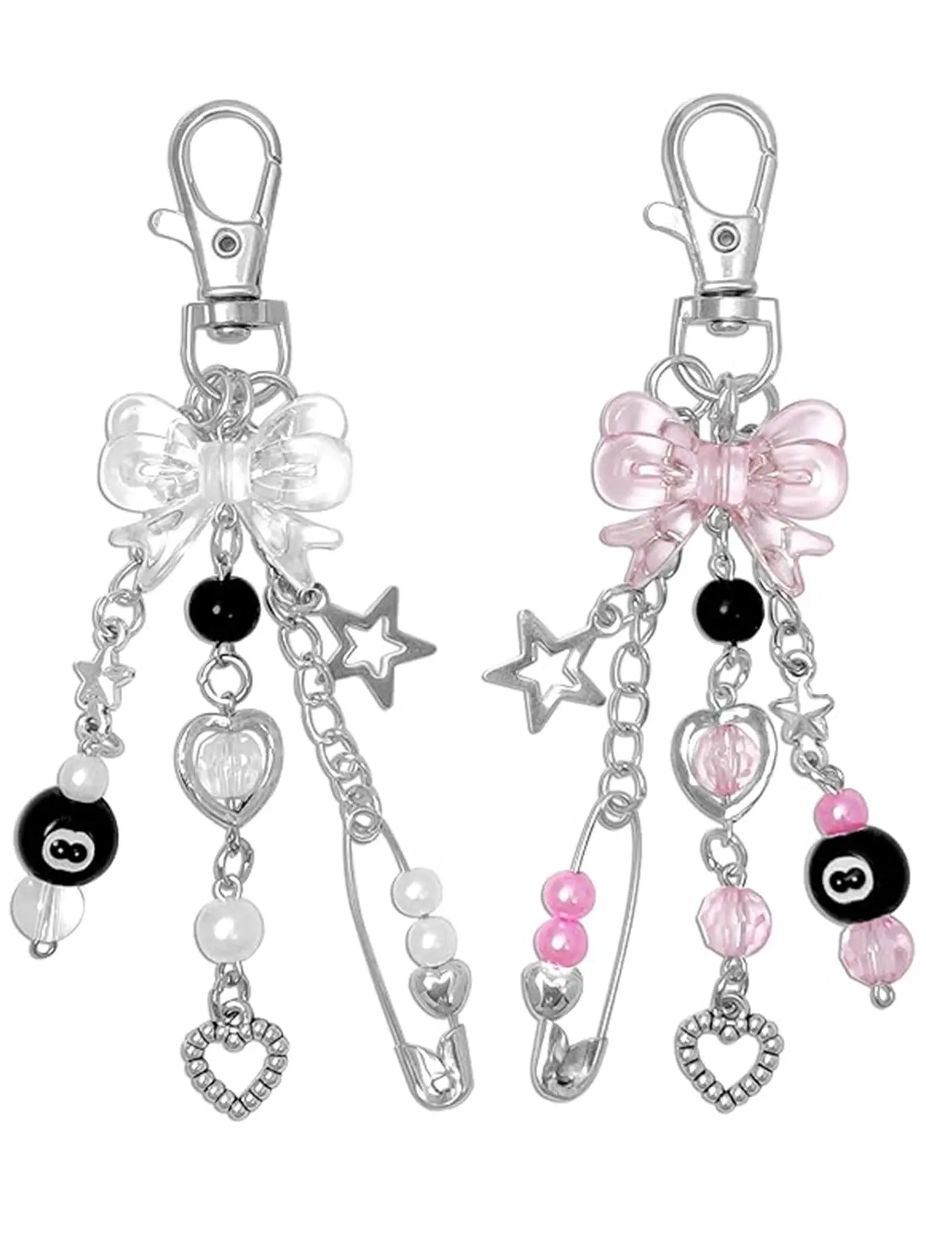 Y2K Punk Handmade Resin Beaded Keychain with 8 Billiard Ball Pendant, Keychain For Bags, Keychain For Purse, Star, Heart Bow Charms, Black 8 Billiard Ball Tassel Bow Ladies Bag Charm Women's Bowknot Billiards Key Bag Chain Accessory Lobster Clasp Keyring
