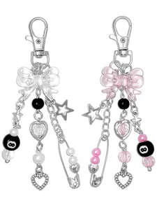 Y2K Punk Style Handmade Resin Beaded Keychain with Cool Aesthetic 8 Ball Pendant,Star Keychain,Heart Bow Charms Additions,Black 8 Ball Tassel Bow Keychain Ladies Bag Charm Women's Fashion Bowknot Billiards Key Bag Chain Accessory Lobster Clasp Keyring