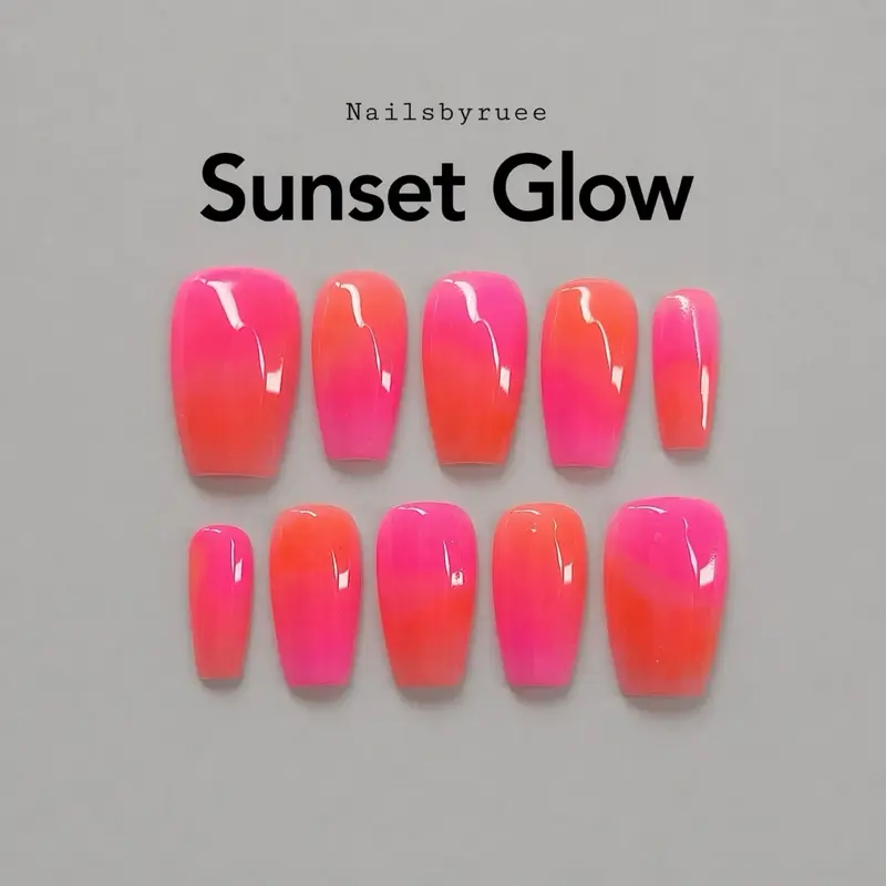 Nailsbyruee | Sunset Girl Press On Nails - Bright pink and orange ombré 10pcs