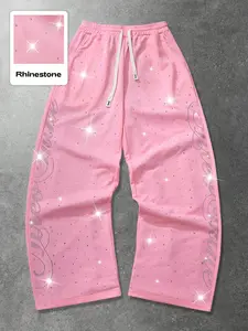 Street Life Streetwear Style Rhinestone English Text Straight Leg Sweatpants Casual Lounge Pants