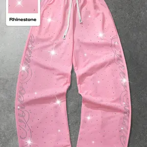 Street Life Streetwear Style Rhinestone English Text Straight Leg Sweatpants Casual Lounge Pants