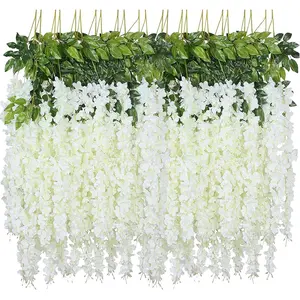 Hanging  - 24 count 3.75 / Artificial Wisteria Vine Ratta Hanging Garland Silk  for Home Party Wedding Decor (White-24pcs)