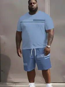 Men's Big Plus Size Casual Set, Outfit 3D Print Clothing Set, Men's Short Sleeve T-Shirt and Fashion Shorts Set, Loose Fit, All Seasons, Menswear