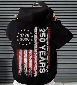 Men's 250-Year American Flag Pullover Hoodie (1776-2026) - Casual Long Sleeve Tops, Patriotic Enthusiasts' Menswear Sweatshirts