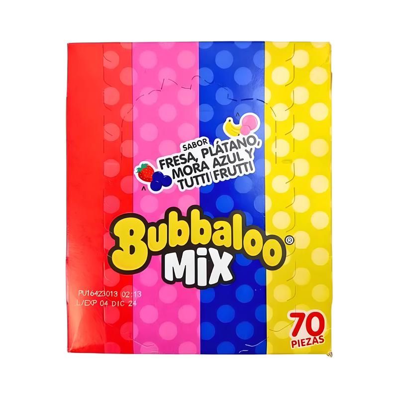 Bubbaloo Mix 4-Flavor (70 Pieces) Liquid-Filled Center Bubble Gum, Mexican Candy, Dulces Mexicanos, Flavors Fresa, Mora Azul, Banana, and Tutti Frutti