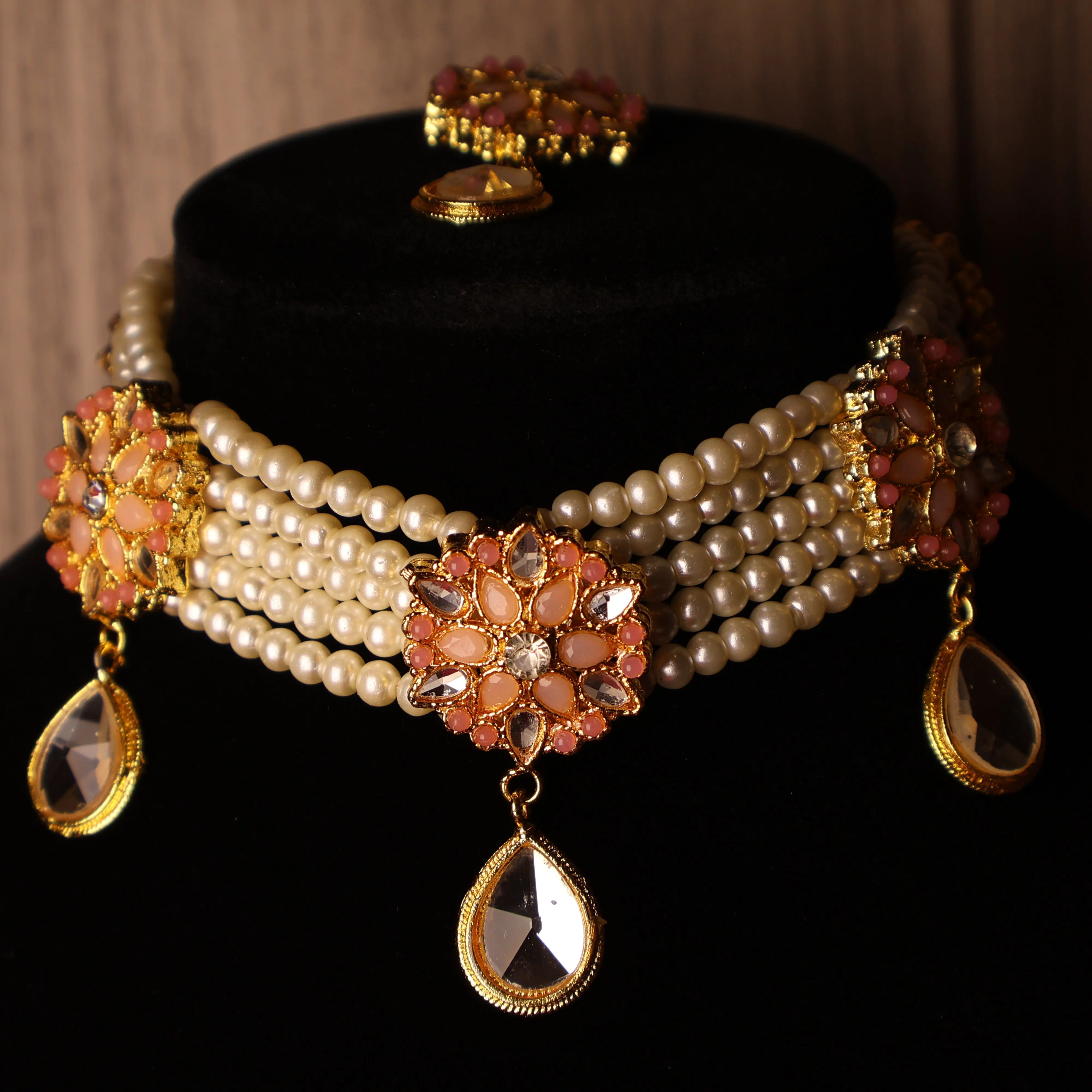 NARGIS Peach Pearl & Gold Kundan Choker Set with Tikka & Earrings | South Asian Indian Pakistani Bridal Jewelry