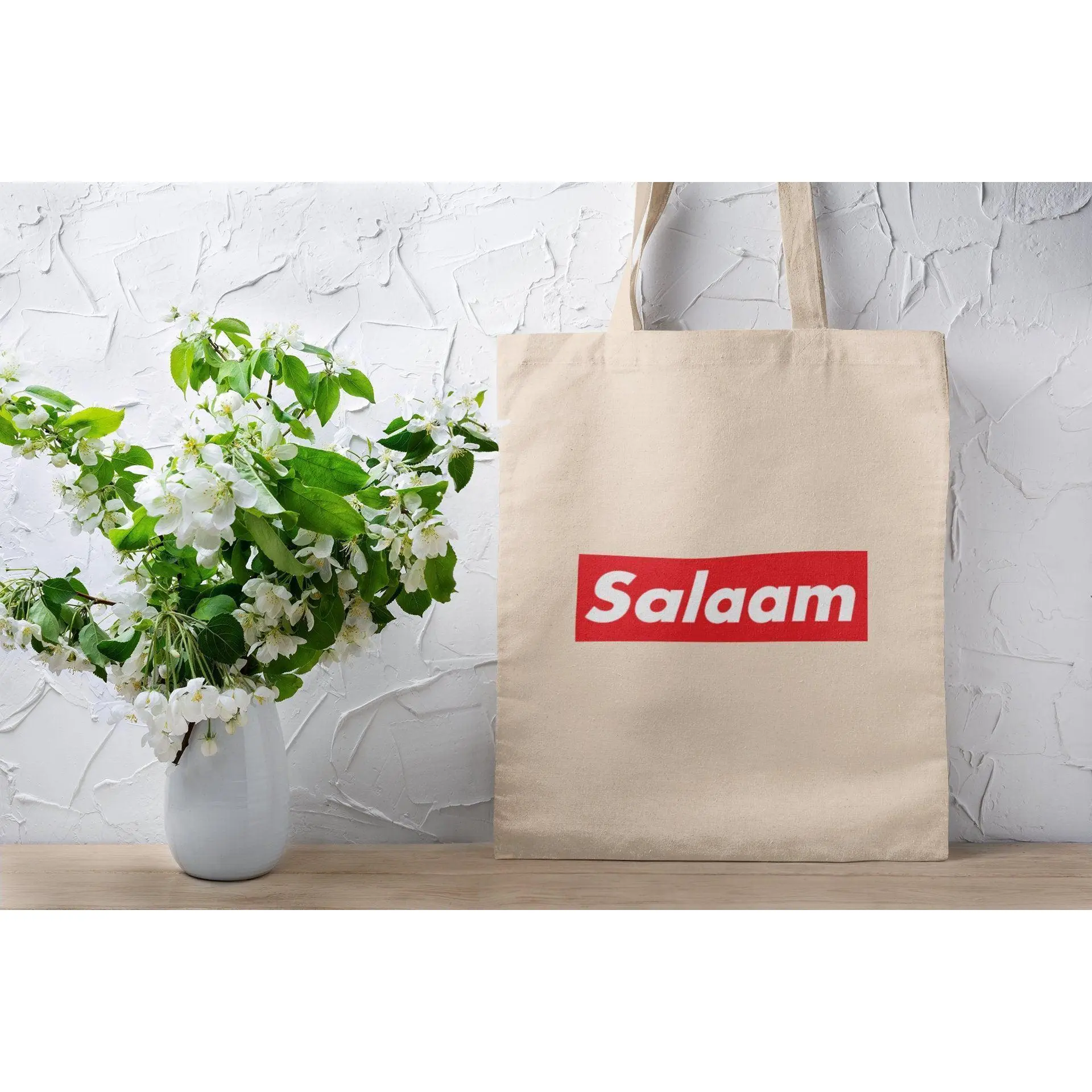 Salaam Tote Bag by Humraha | Desi Arab Muslim Fashion Apparel Gifts for Ramadan Eid Nikkah Wedding Couples Families New Moms Aunts Uncles Grandparents | Pakistan India Bangladesh Palestine Lebanon Egypt Syria
