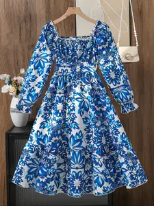 Girls Floral Print Square Neck Bubble Long Sleeve Dress, Fashionable Casual for Daily Wear & Vacation