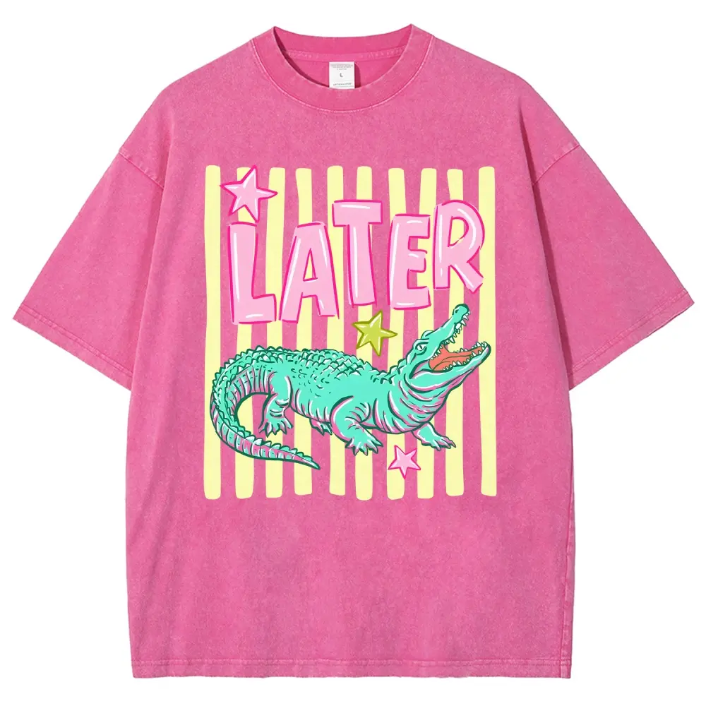 Retro Later Crocodile Y2K Aesthetic T-Shirt, Vintage Washed Tee, Pink and Green Croc Graphic Shirt, Gift For 90s Vibe Lovers