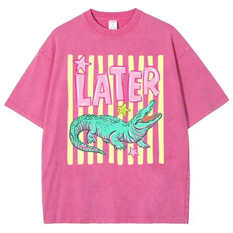 Men's Vintage Washed Cotton Fabric Oversize Round Neck Y2K Aesthetic Crocodile Graphic Tee - Pink & Green Croc Print, Unisex Fit, Multi-Size, Chic Casual Menswear for Daily Wear, Gift for 90s Vibe Lovers