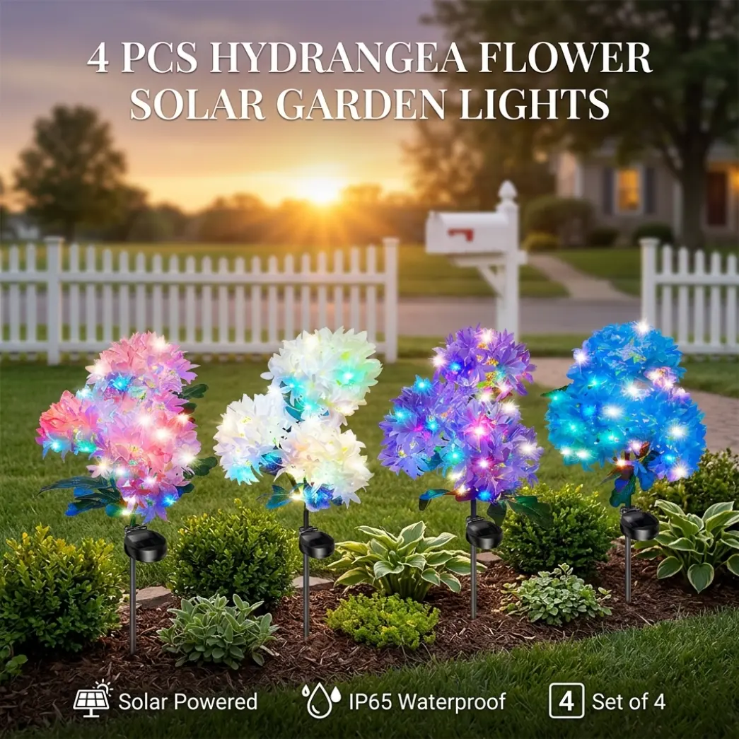 4-Pack Hydrangea Shape Decorative Solar Lights, IP65 Waterproof Solar Outdoor Lights for Garden Decor with Night Glow Function