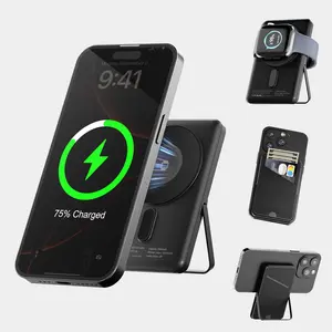 Magnetic Wallet with 5000mah Wireless Charger, Adjustable Stand and Foldable Tripod, Fits Magsafe Iphones 17/16/15/14/13/12, /olive Color, Magnetic Portable Charger