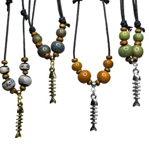Ceramic Beaded Fish Skeleton Silver or Gold Boho Hippie Whimsical Adjustable Black Rope Cord Choker Stacking Necklace