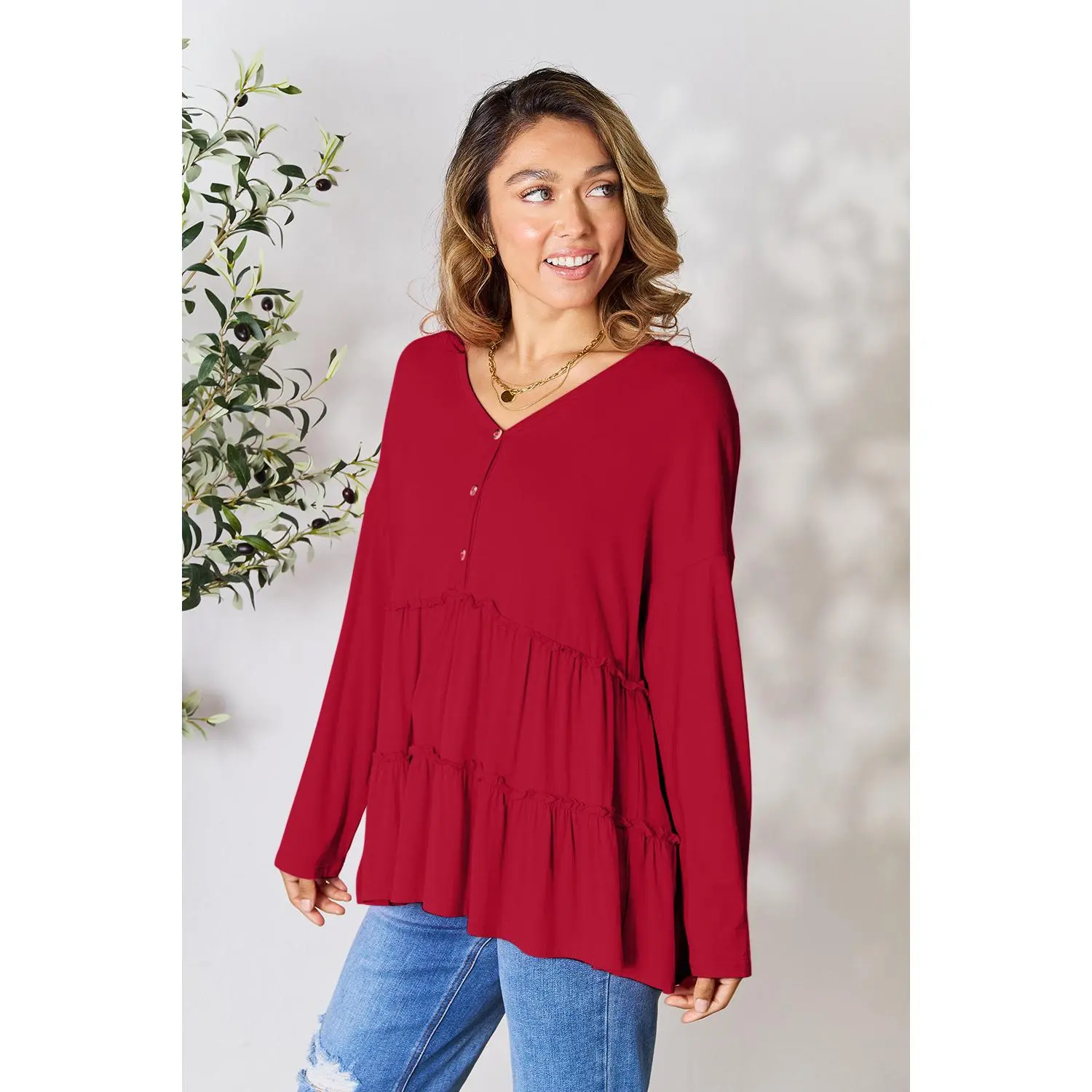 Women's Stretchy Spandex-Rayon Blouse - Half-Button Long-Sleeve, Ruffled Hem Casual Top, Ideal for Pairing with Jeans, Shirts
