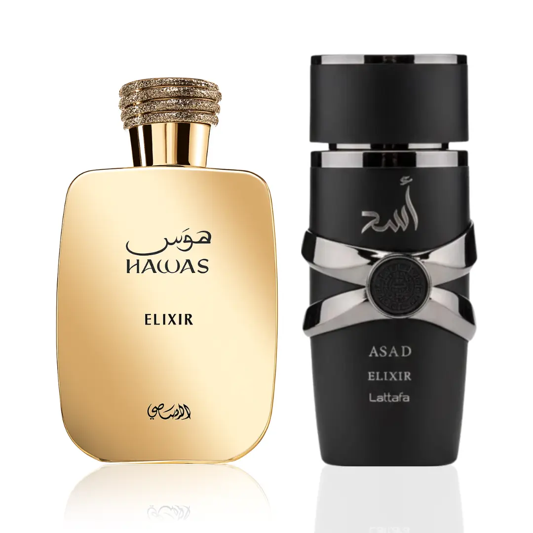 Luxurious Men's Fragrance 2-Piece Bundle Set - Asad Elixir and Hawas Elixir Variety Pack with Distinct Bottles and Dual Scents