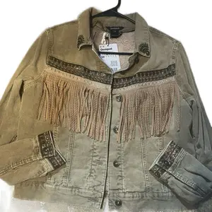 Desigual Olive Fringe Corduroy Jacket with Embellished Details and Button Closure for Women medium  Womenswear