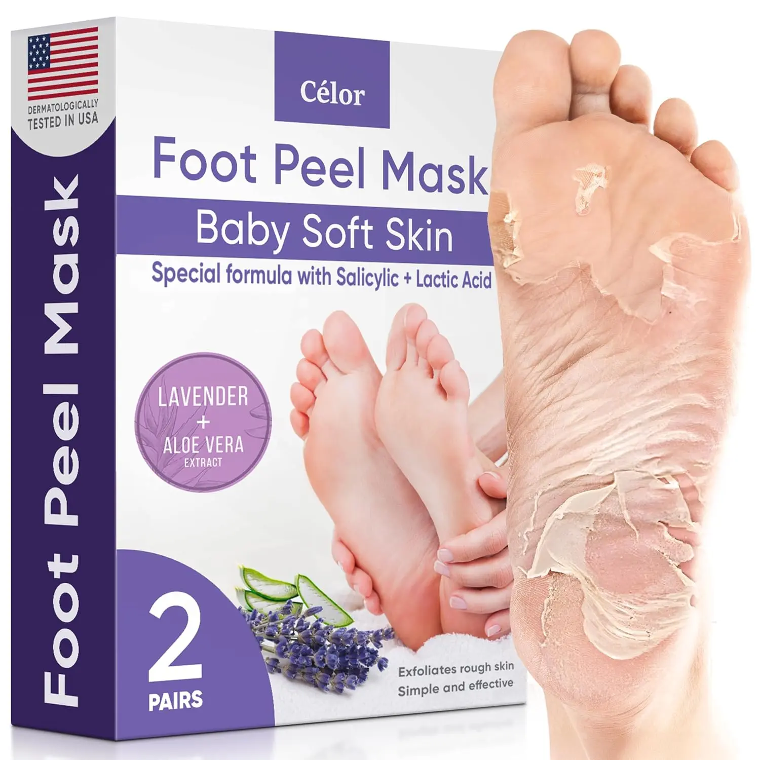 Foot Peeling Mask for Dry Cracked Feet | Foot Mask to Exfoliate Rough, Cracked, Dry Feet, Calluses for Soft Baby Feet Results | Made with Aloe Vera Extract for Women & Men (2 Pairs) | Lavender