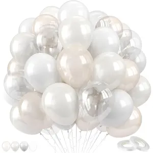 Pearl White Balloons Set, 60PCS Double Stuffed Pearl Balloons, 12 Inch Ivory Sand White Latex Transparent Clear Balloon Helium for Birthday Wedding Engagement Bridal Shower Party Decorations