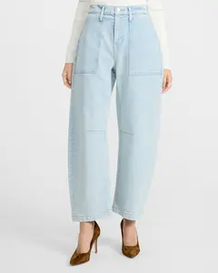 Express Mid Rise Light Wash Patch Pocket Barrel Jeans
