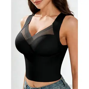 Women's Luxury Seamless Longline Bra | Sophisticated Mesh Plunge V-Neck Wirefree Bralette | Premium Smoothing Shapewear Crop Top with Built-In Support | Elegant Wide Strap Push Up Everyday Camisole | Invisible High-End Basics
