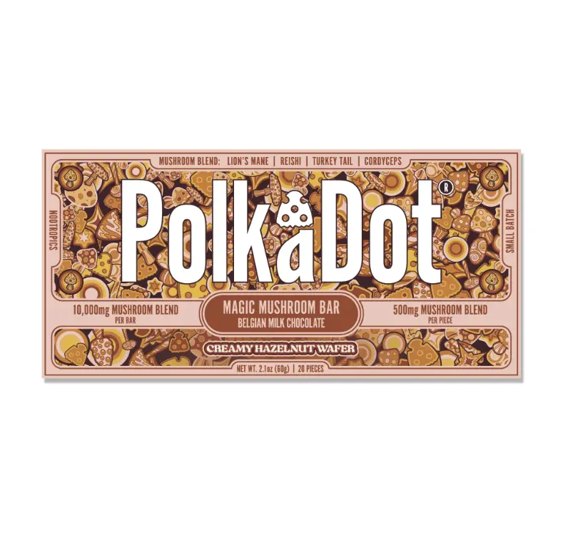Polkadot Belgian Chocolate, Creamy Hazelnut Wafer, 20 Count, High Potency Plant-based Mushroom Snack, 100% Organic, High-Quality Ingredients, Made in USA, All Natural, Healthy Chocolate, 20 Piece Chocolate Bar