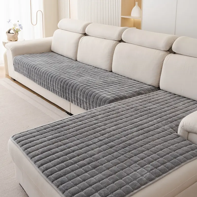Heated Flannel Sofa Cushion, 1 Count Non-Slip Cushion, Geometric Square Pattern, Pet Friendly, Easy to Clean, Fits Single to Four Seater sofas, Quilted Sofa Cover, Washable Sofa Slipcover, Sofa Furniture Slipcovers, Slipcovers For Couches And Sofas