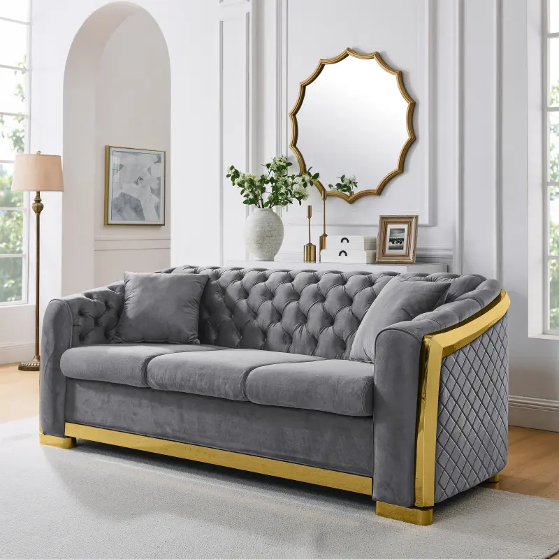 European Style Luxury Chesterfield 3-Seat Velvet Sofa Combo Item, 84in Tufted Back Rolled Arms Living Room Couch, Tool-Free Setup, Gold Stainless Steel-Wood Frame, Grey Fabric, 81.1x33.5x31.9in, 84 Inches