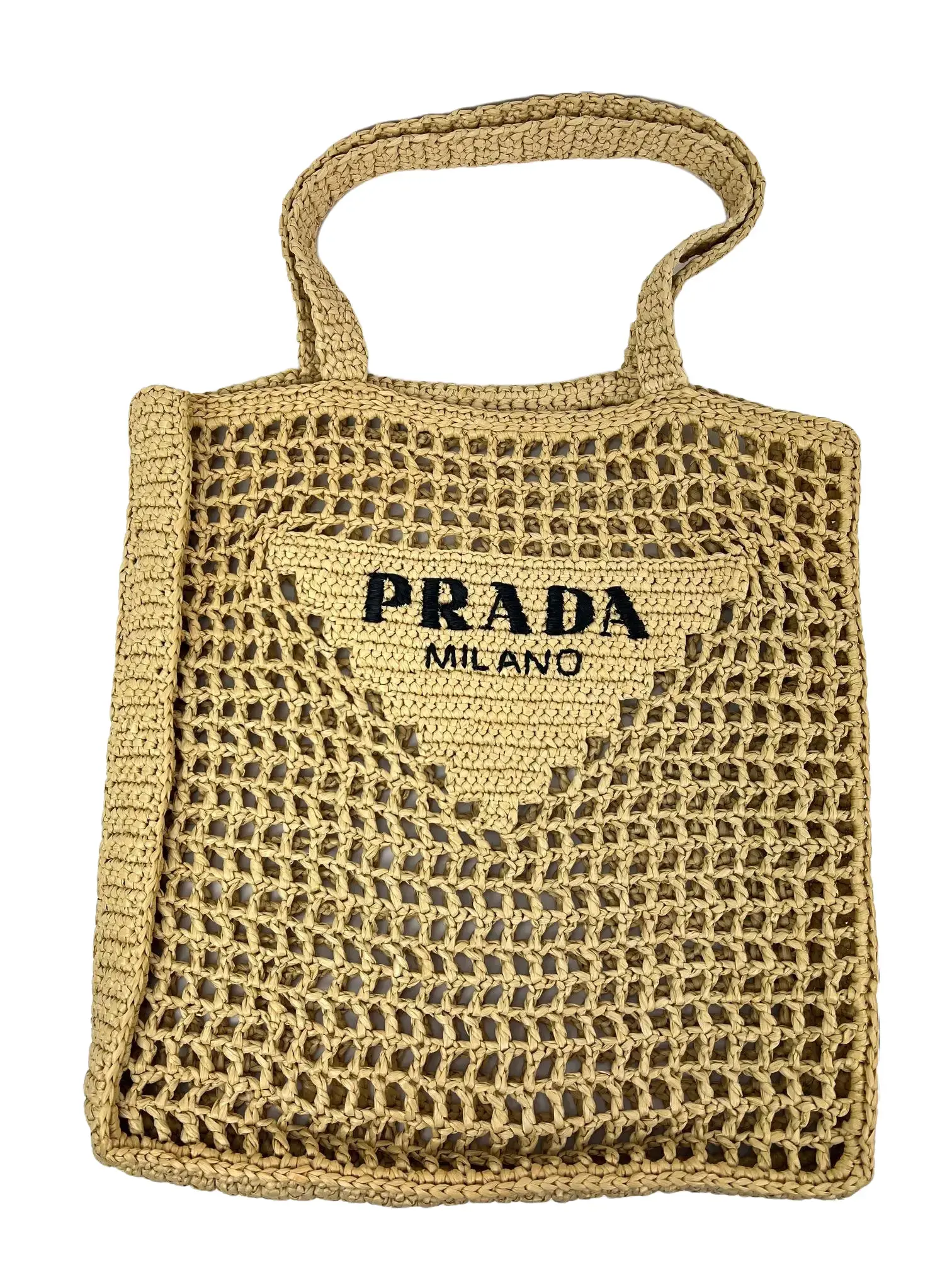 Pre-owned PRADA Raffia Tote Bags Large Crochet Tote Bag Natural, Embroidered Lettering Logo, No Closure, Excellent Condition, H 15.7'' x L 13.5'' x W 1.2'', Includes Dust Bag
