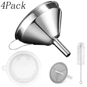 4 Pack 5.12 Inch Food Grade Stainless Steel Funnel for Filling Bottles - with 200 Mesh Filter Strainer, Reusable Kitchen Funnel for Fryer Oil, Grease, Juice, Milk & Coffee | Essential Kitchen Tool