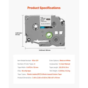 VEVOR Label Maker Tape, 4 Pack, 0.47 in/ 12 mm Black on White Label Maker Refills Compatible for Various Types of Brother P-Touch Labelers, Durable Long-lasting, Replacement for Letra Tag TZe-231