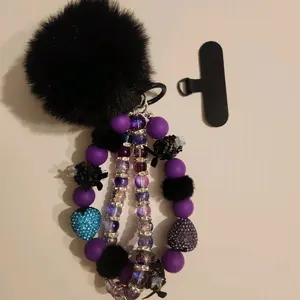 Black Berries Handmade Beaded Phone Charm Key Chain with Free Phone Attachment, Includes Mini Puff Black Beads, Silver, Purple, Black, Blue, and More