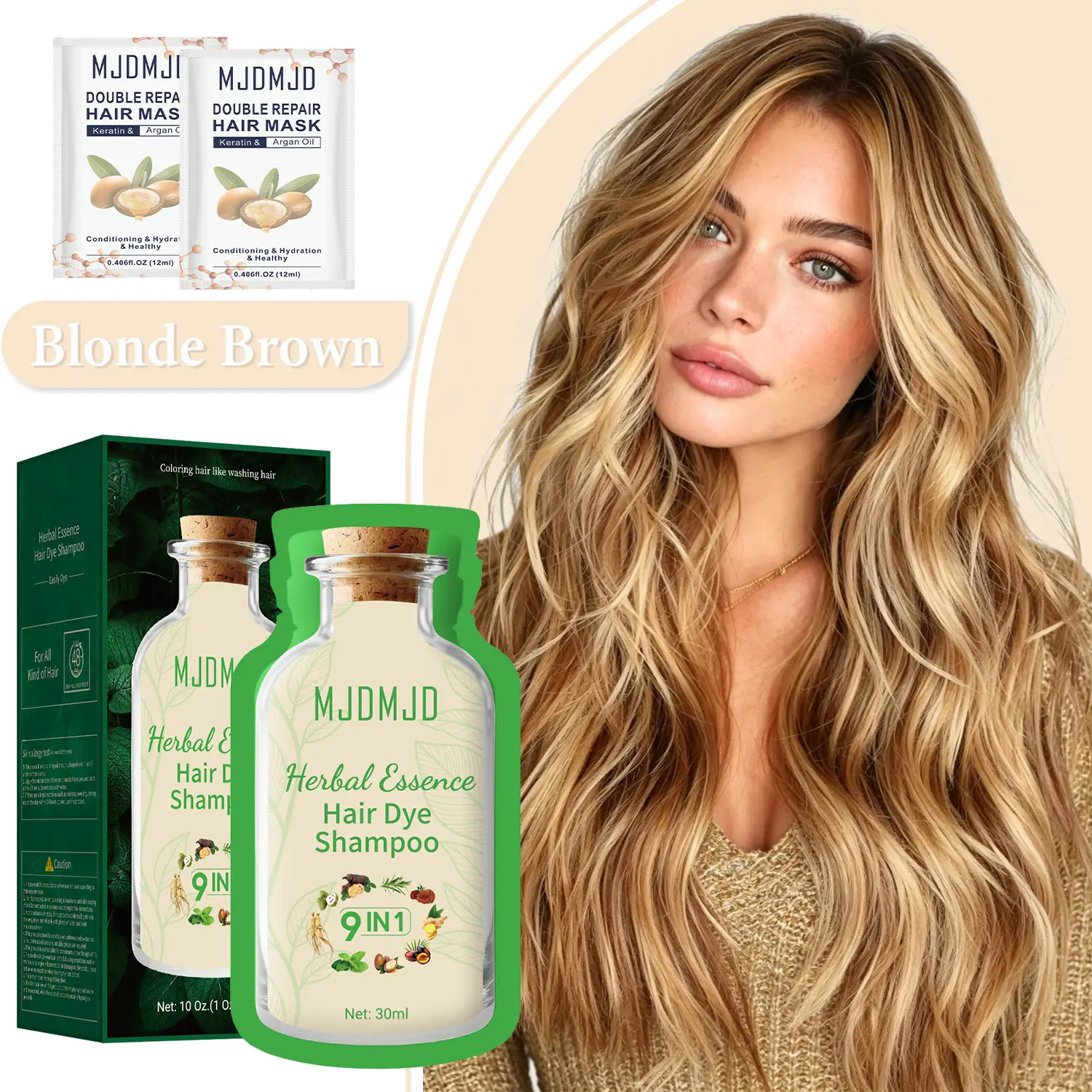 Blonde Brown Hair Dye Shampoo, 9 IN 1 Instant Hair Color for Gray Coverage, 20 Min Semi-Permanent Color, Herbal Hair Coloring Shampoo for Women & Men, 30ml x 10pcs
