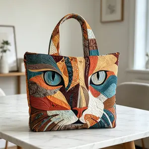 Vintage Patchwork Cat Tote - Bold Cat Face Quilted Tote Bag with Artistic Texture & Spacious Interior - Your New Everyday Essential Organiser