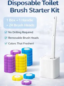 Disposable Toilet Brush Starter Kit with 24PCS Cleaner Refills Wall-Mount Design for Sink Bathtub Drain Wash Basin Urinal Bathroom Cleaning System Wand Set
