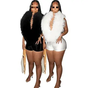 Women’s Fashion Casual Elegant Feather-Collar Deep-V Halter Sexy Short Jumpsuit Bodysuit