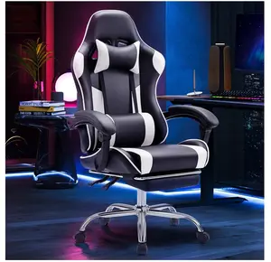 Computer Chair with Footrest and Lumbar Support, Home Offfice Chair, Black and White