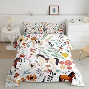 Feelyou Western Horse Motif Microfiber Bedding Set - Floral Print Blanket, Whole Piece Watercolor Mushroom Flowers Leaves Quilt, Travel-Friendly Multi-Size Duvet Insert for Kids' Bedrooms