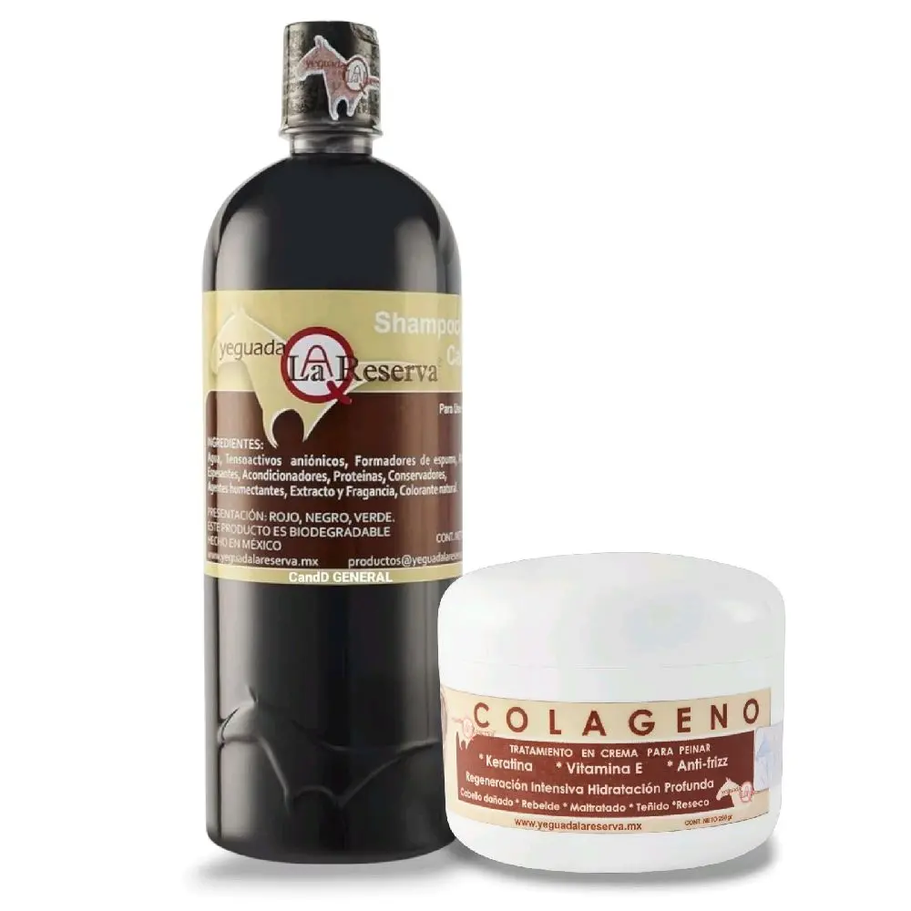 Yeguada 2 Piece Bundle - Colageno + Shampoo Caballo Negro 1 Liter Bottle for Dark to Black Colored Hair - Made in Mexico, Natural Ingredients, Alcohol Free