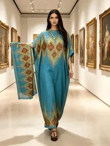 1 robe + 1 scarf, Lake Blue Peacock Feather Print Robe Dress Set, Plus Size Boat Neck Loose Flattering Long-Length 1 Robe + 1 Scarf Exotic Luxury Resort Style Long Dress