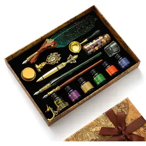 Feather Calligraphy Pen and Ink Set, with Vintage Writing Quill Pen, Glass Dip Pen, Wooden Dip Pen, Pen Nibs, Pen Holder, Cup, Wax Beads, Seal Stamp, Candle, Melt Spoon and Gift Boxes #83