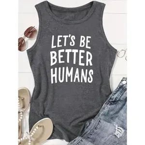 Women's Vintage "Let's Be Better Humans" Print Sleeveless Blouse Top - Non- Round Neck Tank Shirt, Machine Washable Spring Summer Fall Outfits Suitable for Photoshoots, Commuting, Vacation & Daily Wear, Non-Opaque Versatile Wardrobe