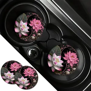 2pcs Elegant Pink & White for Lotus Design Water Absorbent Coasters - Perfect for Car Cup Holders, Home & Office Drink Mats, Durable & Stylish for All Models, Car Cup Holder Accessories