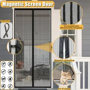 Striped Magnetic Door Curtain with Storage Hook, Summer Mosquito Proof Mesh Screen, Home Living Room Bedroom Kitchen Decor
