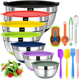 Multicolored Stainless Steel Mixing Bowl Set - 7-Count Tableware Set with 13 Functional Components, Airtight for Baking, Storing, Kitchen Organization
