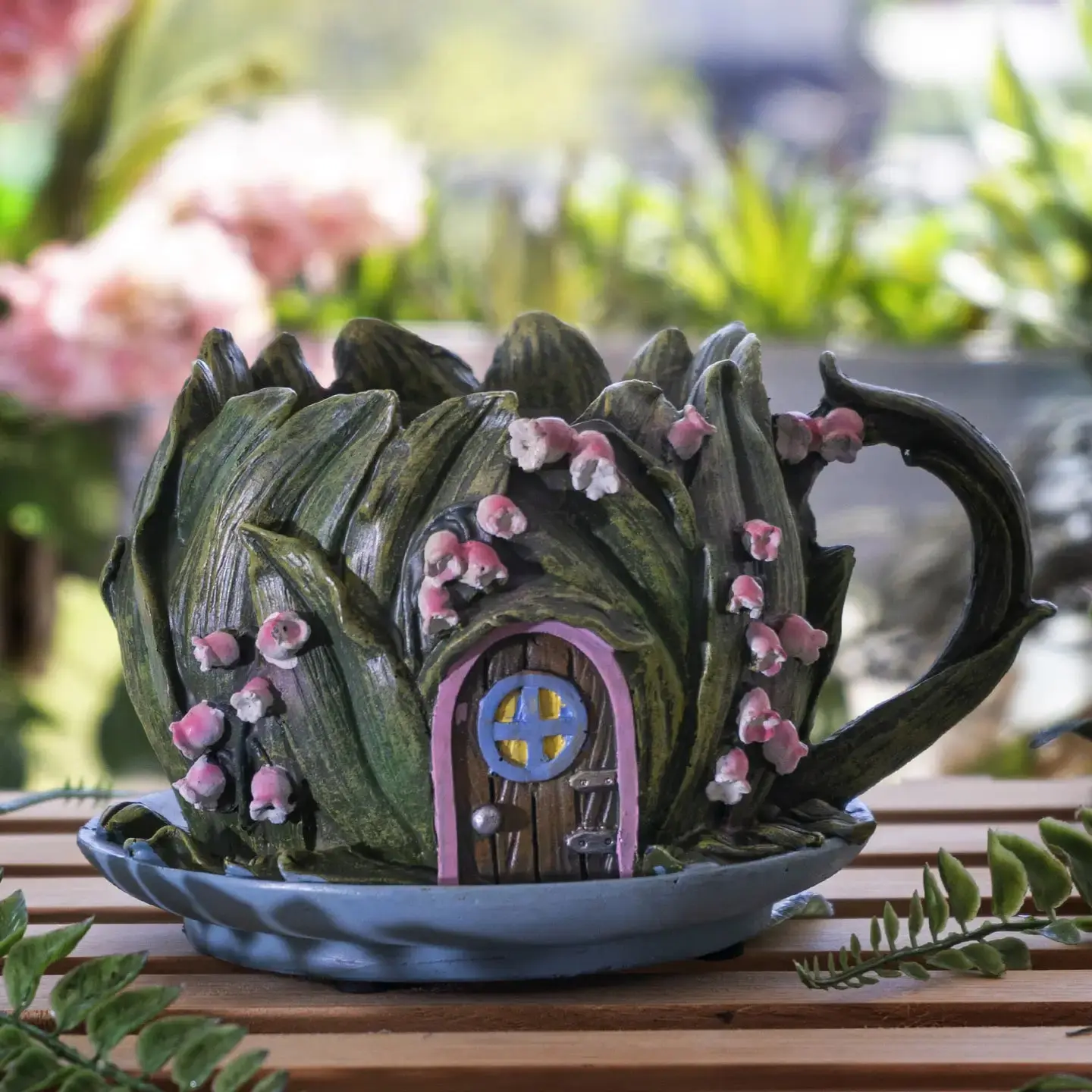Polyresin Hand-Painted Tea Cup Shape Flower Pot (Cottage Teapot Saucer Design with Leaf Foliage) - 4.5" Tall, 6" Deep, 7.25" Wide Indoor/Outdoor Fairy Garden Set Up Planter for Fantasy World Accent, Garden Pots & Planters