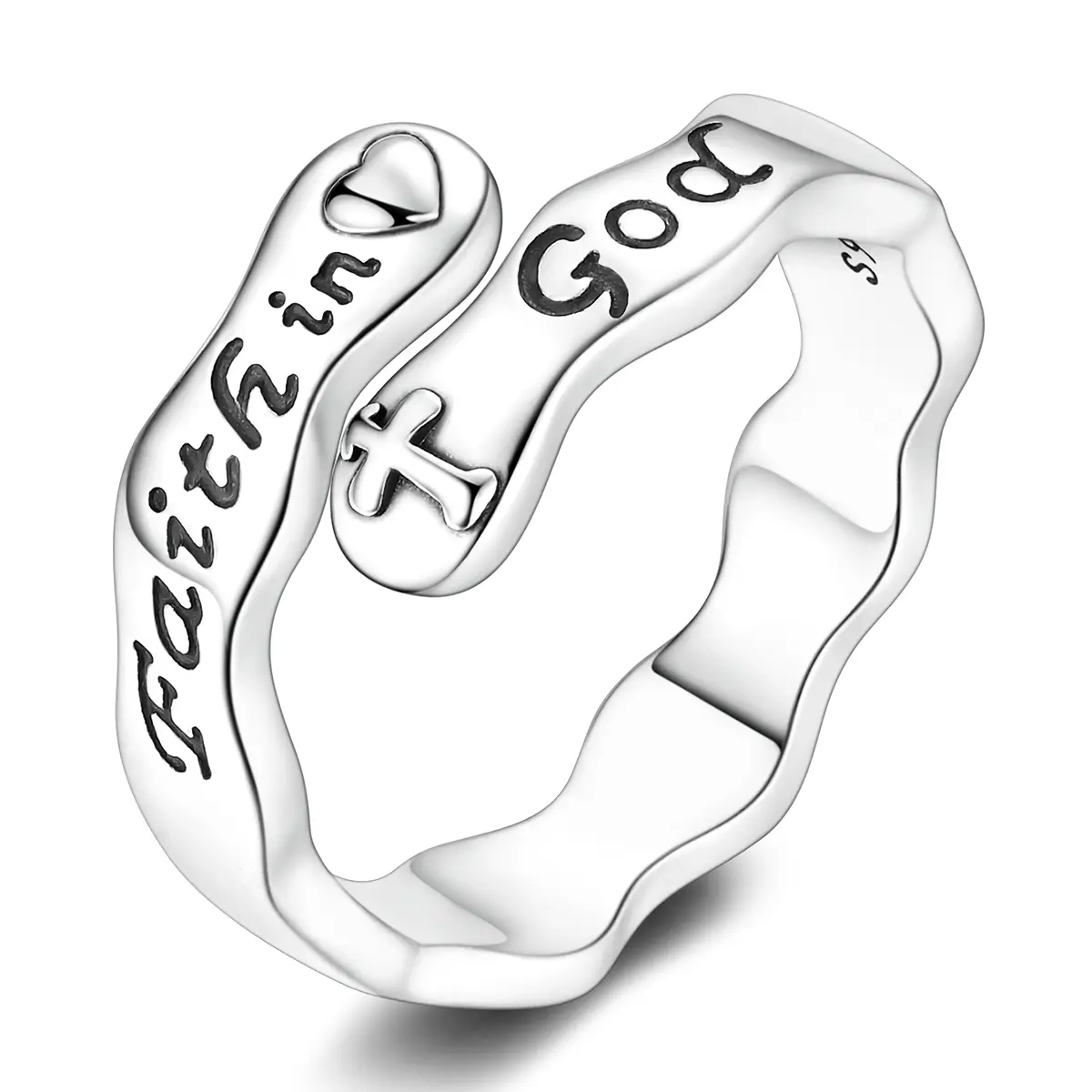 MULA 925 Sterling Silver Cross Ring for Women, Adjustable Open Wave Band Christian Jewelry with Inspirational Scripture Blessing, Mother’s Day Baptism Confirmation Gift with Letters (Cross Symbol Rings)