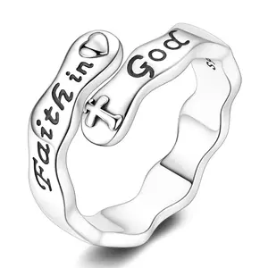 MULA s925 Sterling Silver Faith in God Cross Ring for Women, Adjustable Open Wave Band Christian Religious Jewelry, Inspirational Scripture Blessing Gifts for Girls Teen