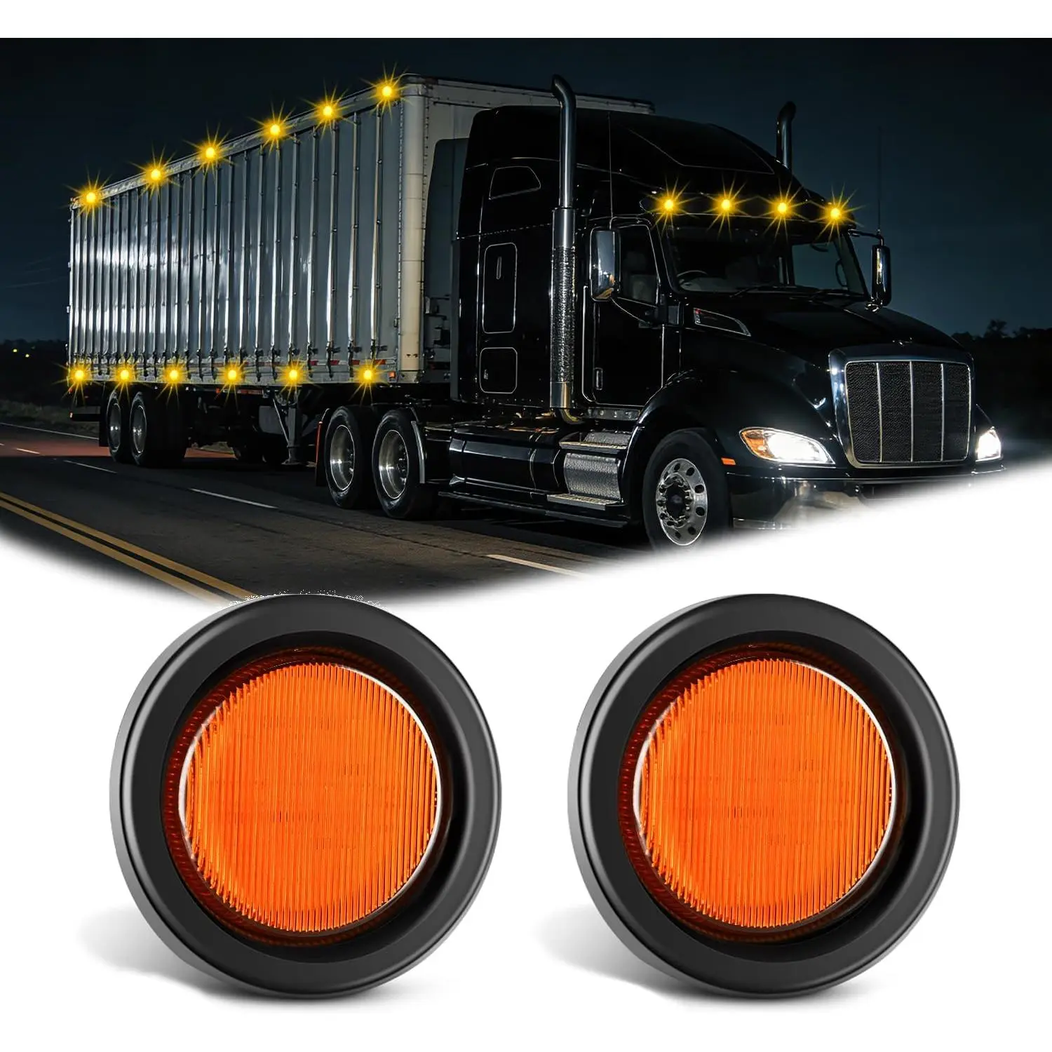 2.5Inch Round ABS LED Marker Lights (Amber 2PCS) - 13PCS Amber 2835 SMD LEDs, 2-Prong Plugs, Pre-Cut Mounting Hole, Leakproof, Good Reflectivity, 12V Hardwired Flush Mount Truck Accessories with Grommet, Pigtail, DOT Compliant for Pickup Trucks, Led Light